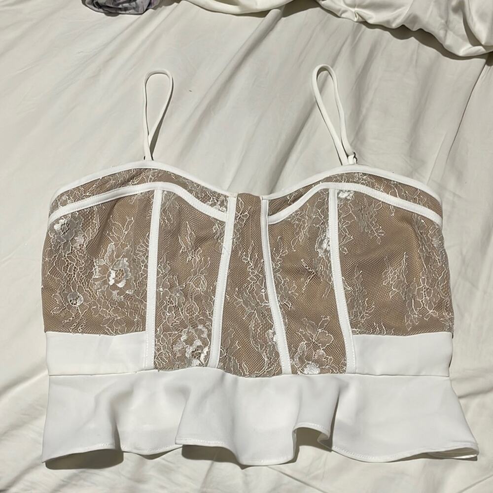 Sugar+Lips M adjustable spaghetti strap cream nude lace peplum ruffled crop top